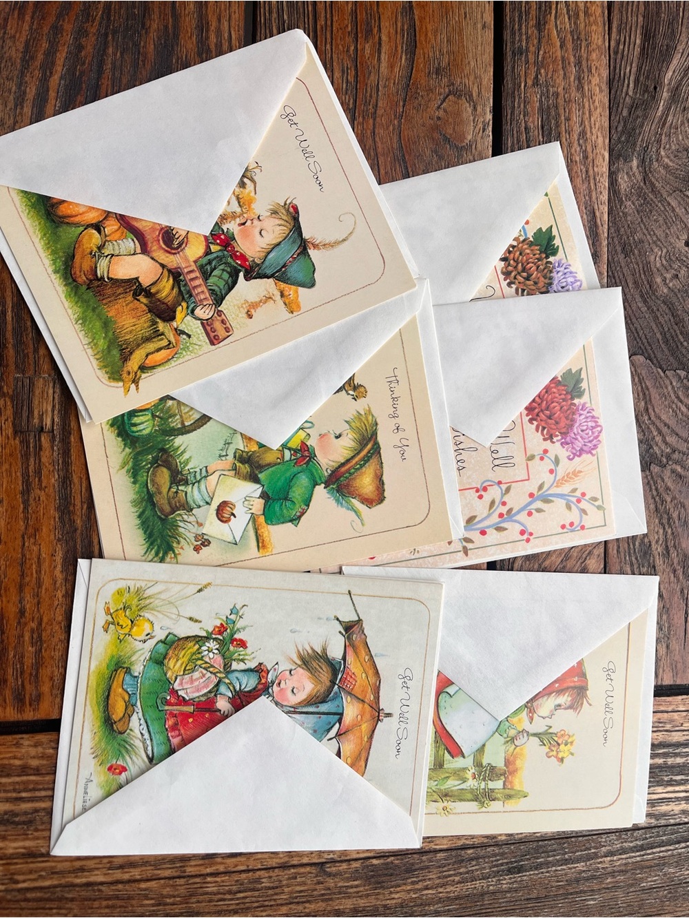 Vintage Illustrated Greeting Card Set with White Envelopes